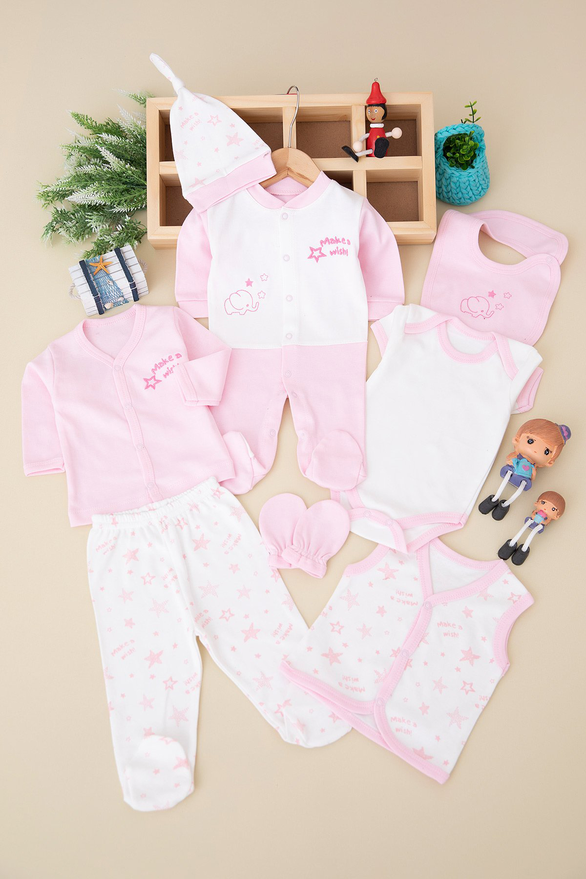 Bebek Yıldız Baskılı 8`Li Zıbın Seti-Pembe
