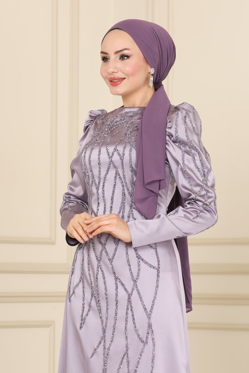 Taş İşlemeli Saten Kalem Abiye 6490YG95 Lila