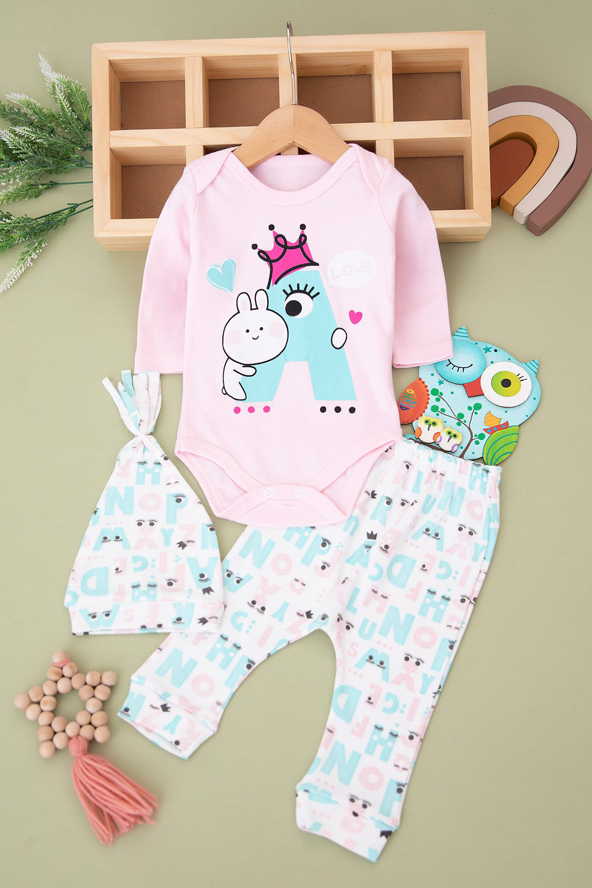 Bebek Love Harf Baskılı Badili Takım-Pembe