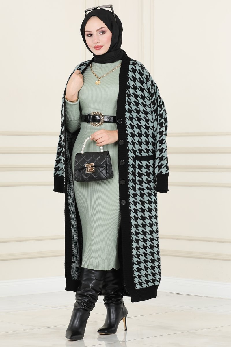 Önden Düğmeli Kazayağı Hırka 1501KL398 Mint&Siyah