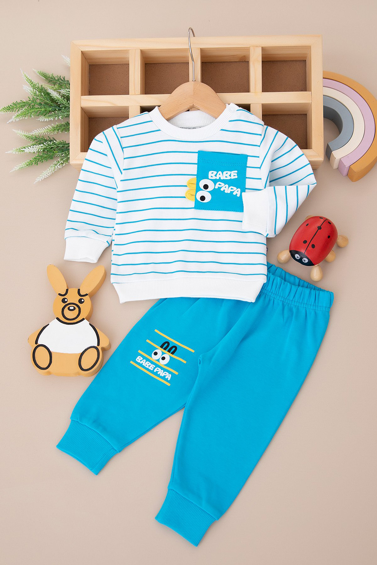 Erkek Bebek Çizgili Babe Papa Baskılı Takım-Turkuaz