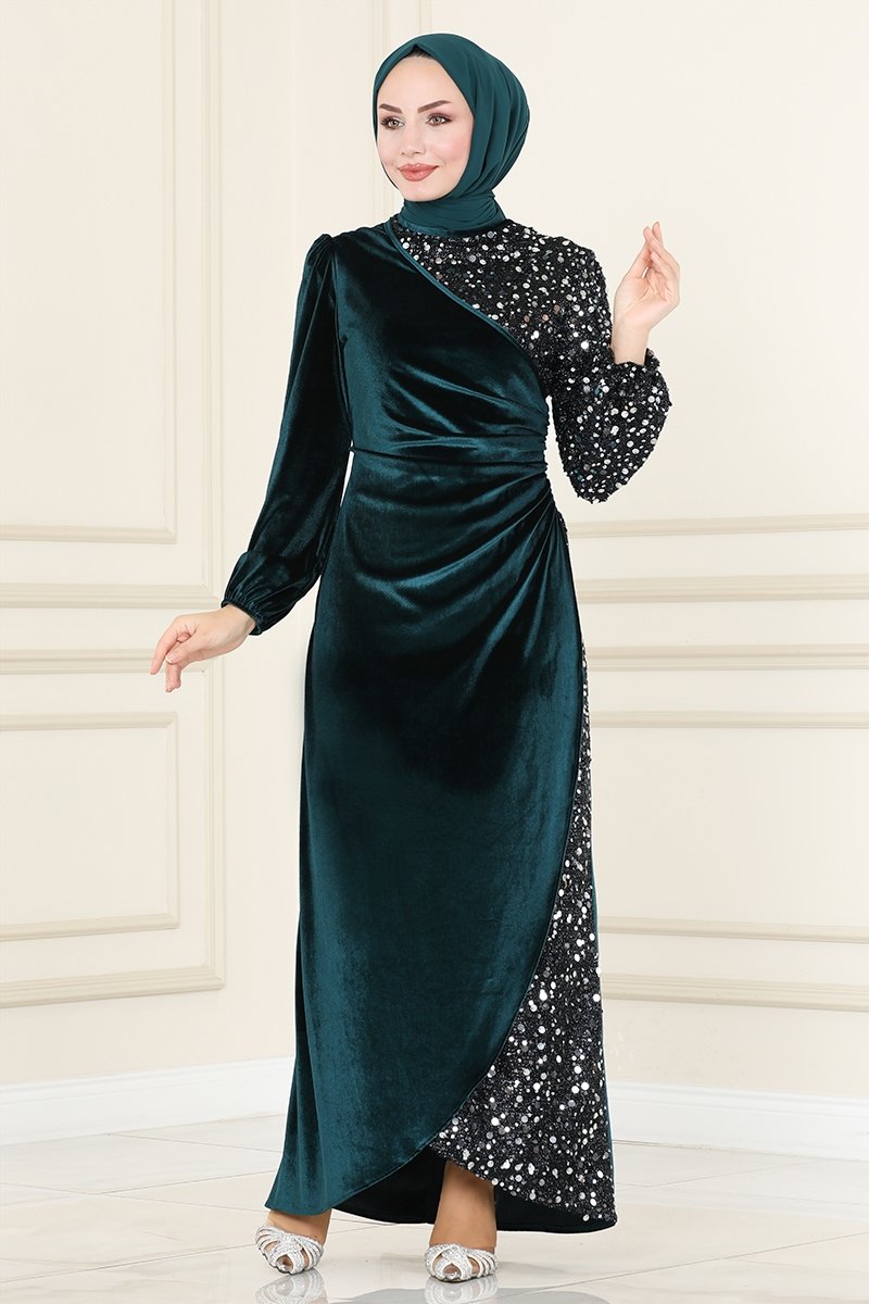 Pul Detaylı Kadife Abiye ASM2638 Zümrüt
