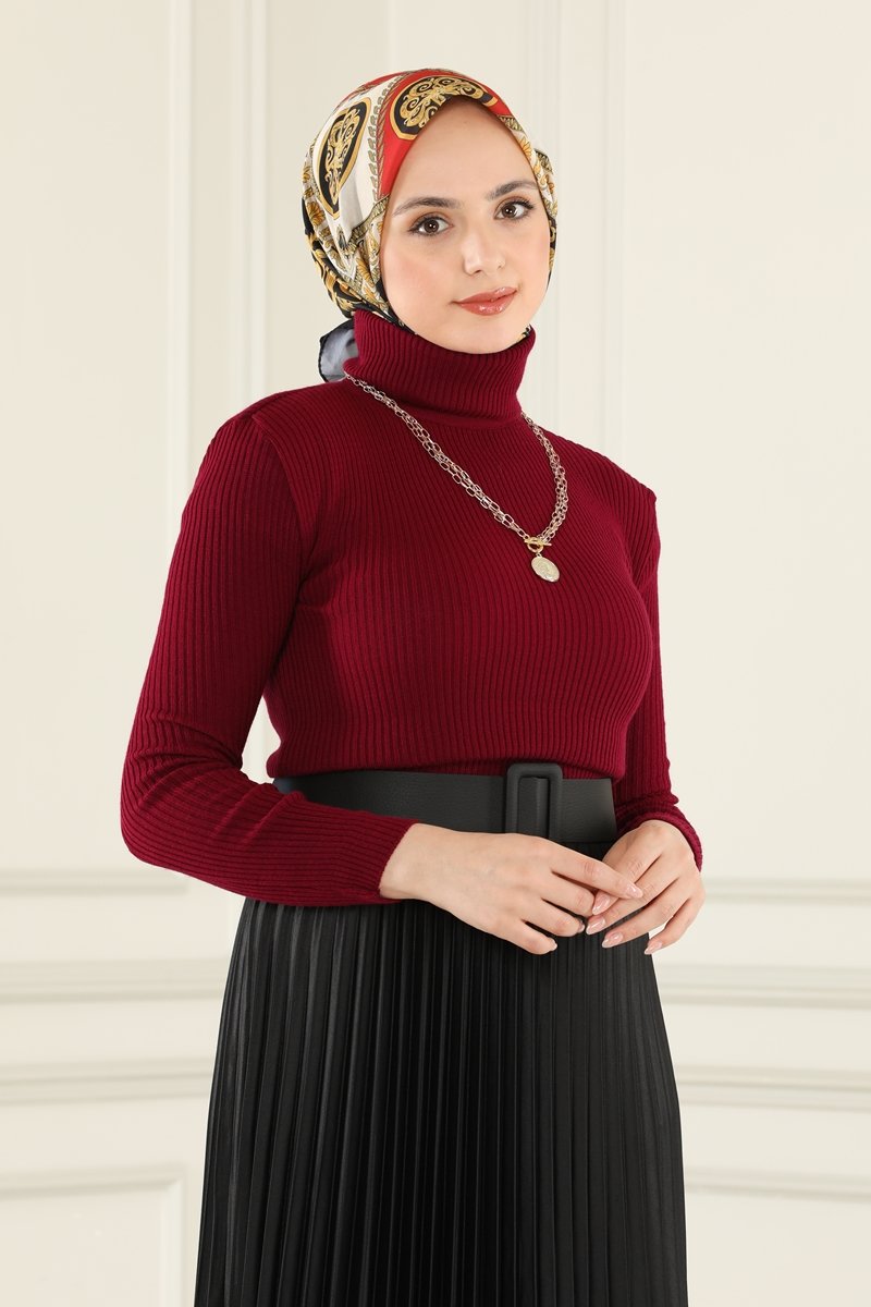 Boğazlı Triko Bluz 1000MT581 Bordo