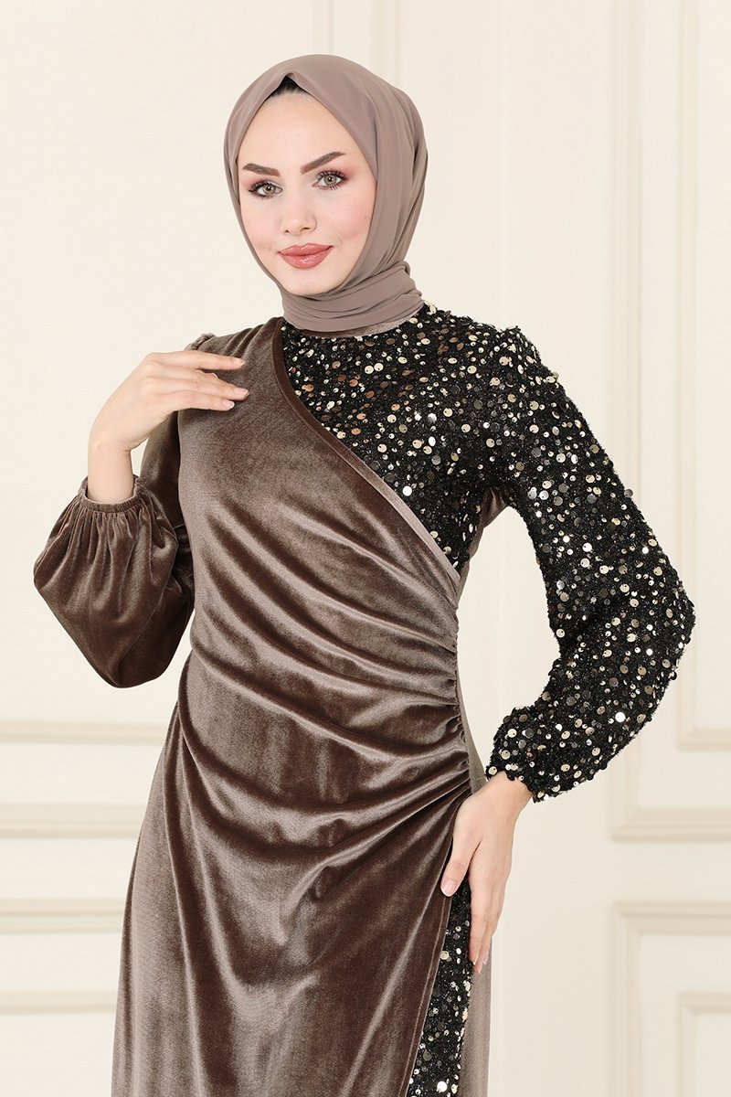 Pul Detaylı Kadife Abiye ASM2638 Kahve